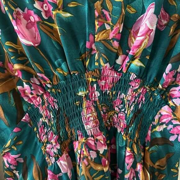 Fate Teal Floral Smocked Handkerchief Long Sleeve Mini Dress Size S - Picture 3 of 7